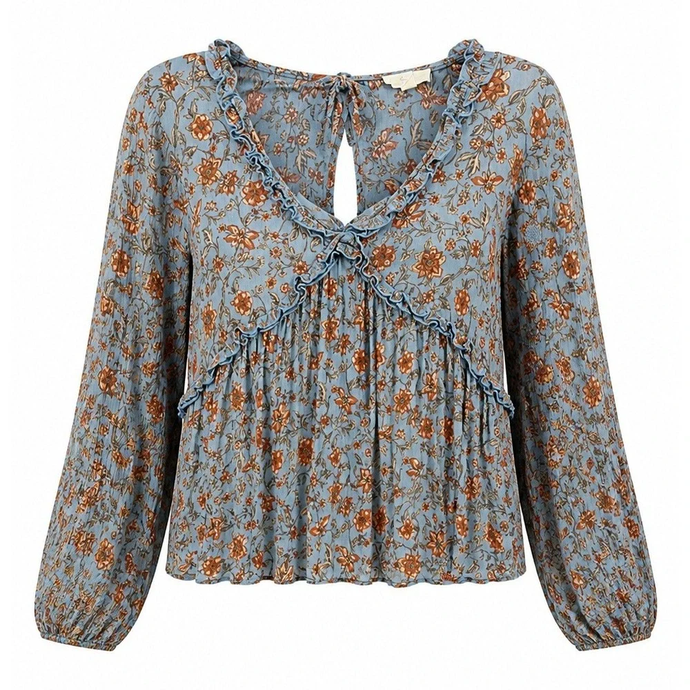Easel Womens Floral Ruffle Peplum Blouse Medium Boho Cottagecore Floral